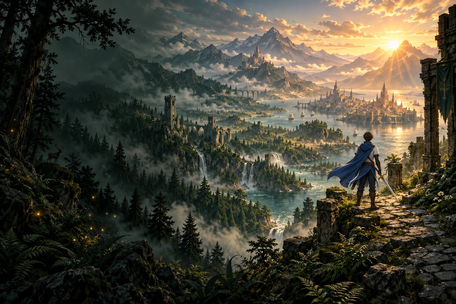 The Guardian in blue and white, sword at his side, looking over Valestia at dawn
